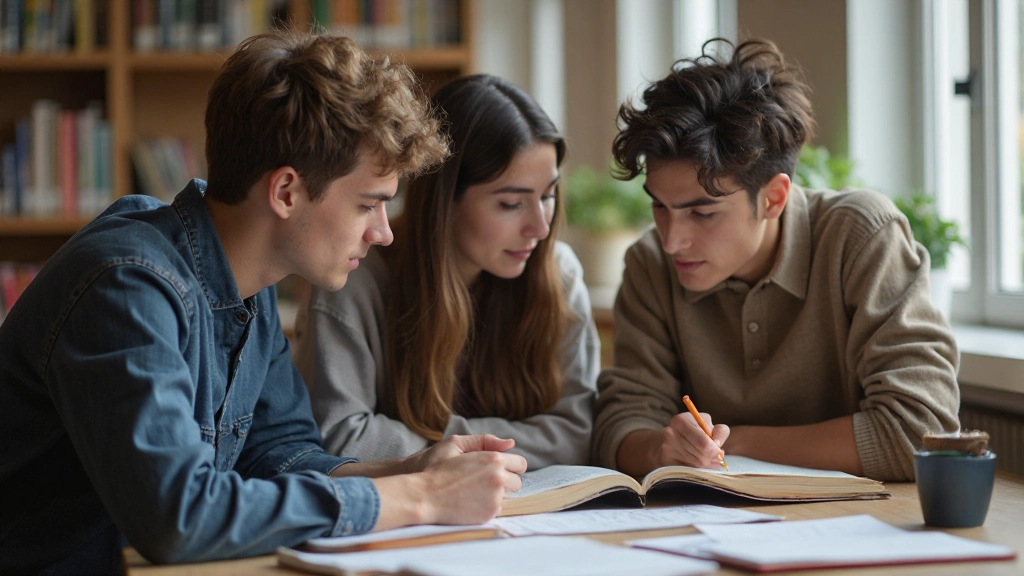 Студенты обсуждают учебный материал в библиотеке