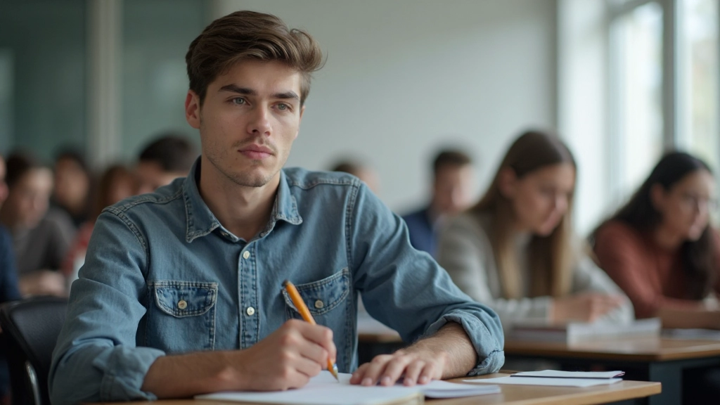 Студент с тетрадью и ручкой делает записи во время лекции