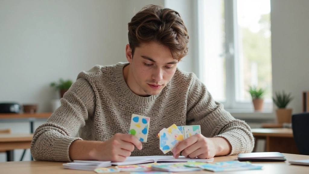 Студент держит стопку цветных флешкарт для учёбы