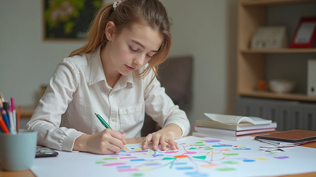 Цветная ментальная карта на бумаге с рисунками и стрелками