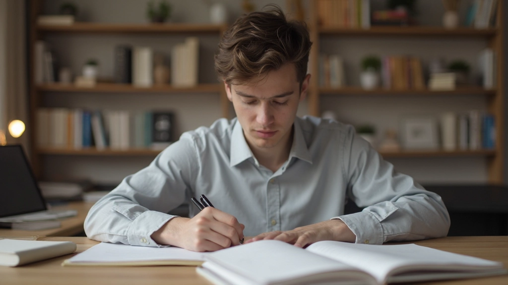 Студент практикует метод Корнелла с разделённым листом для конспектирования