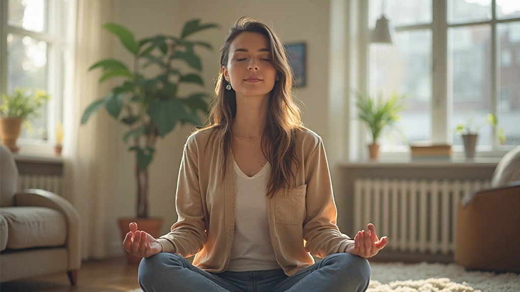 Женщина в позе медитации во время утренней практики концентрации в спокойной обстановке