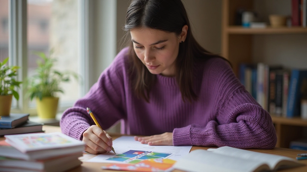 Молодая женщина-студентка использует цветные карточки для изучения материала за столом