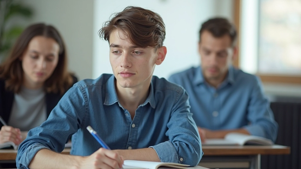 Студент активно ведет конспекты на лекции в современной аудитории