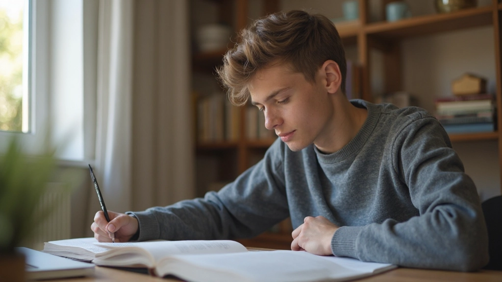 Студент в состоянии глубокой концентрации во время учебы с открытой книгой
